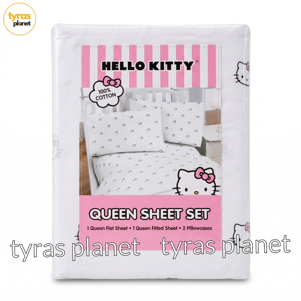 Sanrio Hello Kitty 100% Cotton 4 Pc Queen Sheet Set White Pink Bedding